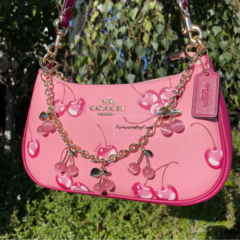 Pink Crystal Cherry Bag Charm Chain Novelty Purse Strap Baby Pink Cherries Charm - Picture 10 of 14